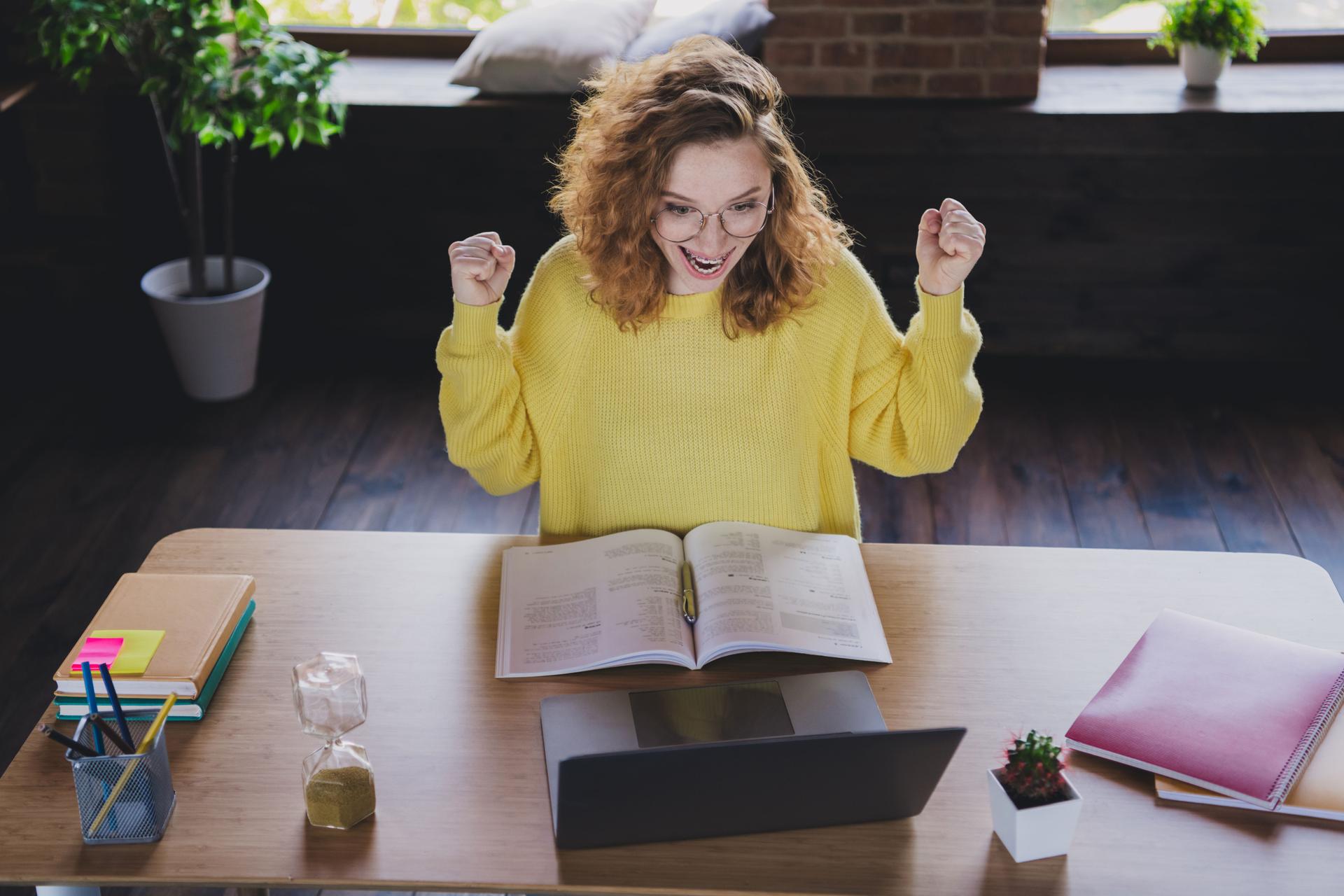 Photo of lovely young lady working winning online lesson wear yellow sweater businesswoman nice loft cozy light office